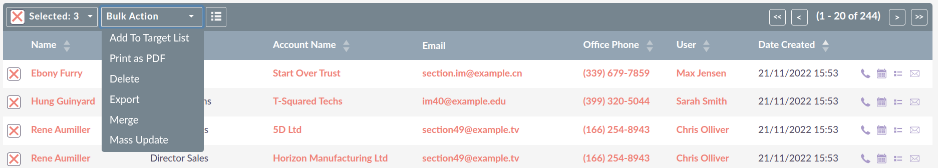 Bulk Action drop-down in the List View with Delete option
