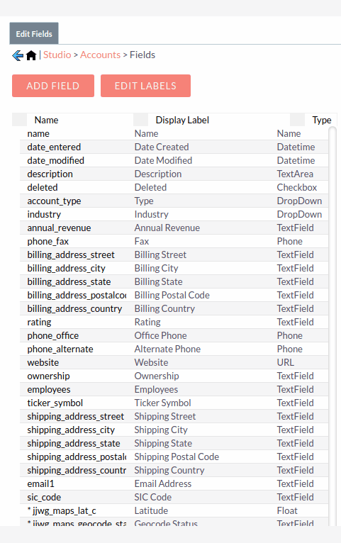 studio - module fields list