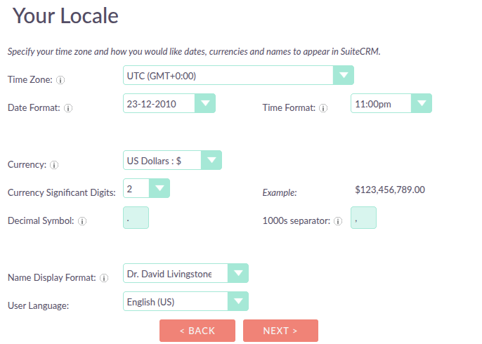 User Wizard locale settings showing time zone, date format, time format, currency, and number format fields user wizard locale
