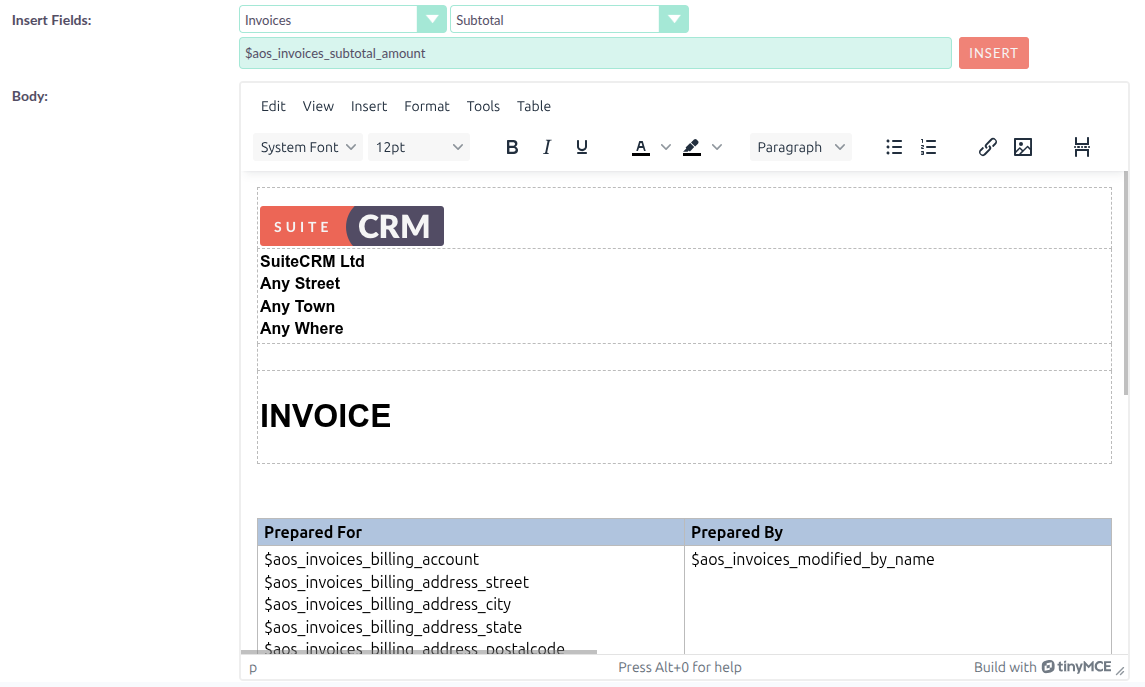 PDF template edit view showing the Insert Fields row with module and field dropdowns above the WYSIWYG body editor InsertFields