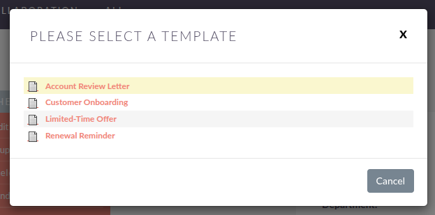 Template selector popup showing a list of available PDF templates for the current module TemplateSelector